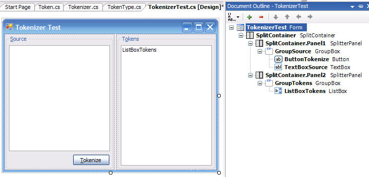 TokenizerTest designer screenshot